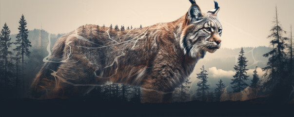 majestic eurasian lynx design for t shirt print. on white background. wide banner