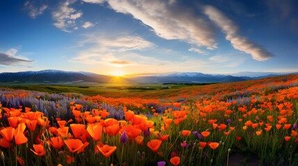Wall Mural - Beautiful panoramic sunset over a poppy field in springtime