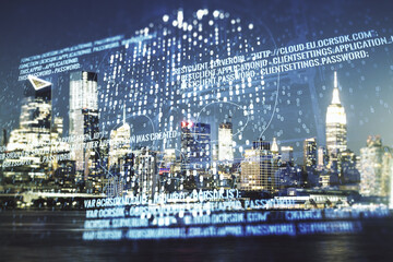 Poster - Abstract virtual creative code skull hologram on Manhattan cityscape background, theft of personal data and malware concept. Multiexposure