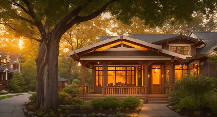 Wall Mural - a picturesque American Craftsman bungalow nestled on a tree-lined street during a vibrant sunset - AI Generative