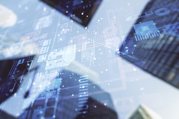 Poster - Multi exposure of abstract graphic coding sketch on modern architecture background, big data and networking concept