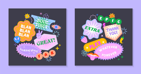 Wall Mural - Vector set of cute illustrations with patches and stickers in 90s style.Modern templates in y2k aesthetic with text.Trendy funky designs for banners,social media marketing,branding,packaging,covers