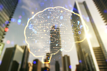 Poster - Double exposure of creative human brain microcircuit hologram on blurry cityscape background. Future technology and AI concept