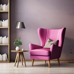 Wall Mural - Modern living room with magenta armchair. Scandinavian interior design furniture.