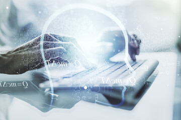 Aufkleber - Creative artificial Intelligence concept with human head hologram and hands typing on laptop on background. Multiexposure