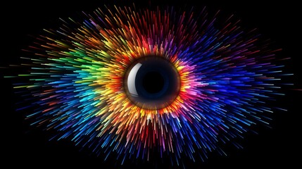 Poster - vibrant multicolored iris animation: rainbow lines emerging from bright binary circle
