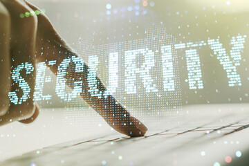 Poster - Cyber security creative concept with hands typing on computer keyboard on background. Double exposure