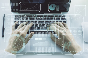 Poster - Multi exposure of abstract graphic data spreadsheet sketch with hands typing on computer keyboard on background, analytics and analysis concept