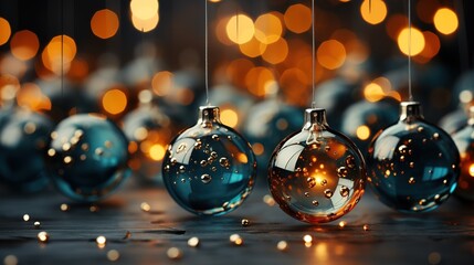 Christmas blue lights and balls decoration, Christmas decor, bokeh of lights