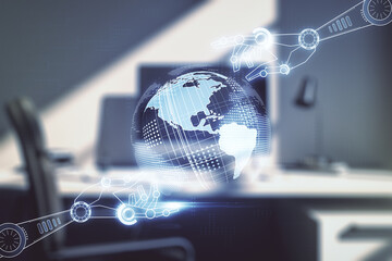 Aufkleber - Double exposure of robotics technology with world map hologram and modern desktop with laptop on background. Research and development software concept