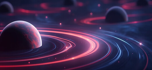 Wall Mural - a futuristic universe with planets and orbits around them. glow in space. illustration for cover, ca