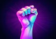 A clenched fist is raised upward. A symbol of protest, rebellion and strength. Fighting and freedom concept. Human arm. Digital art. Illustration for banner, poster, cover, brochure or presentation.