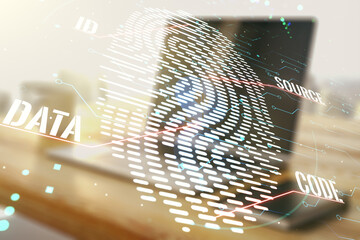 Poster - Multi exposure of abstract creative fingerprint illustration and modern desktop with computer on background, digital access concept