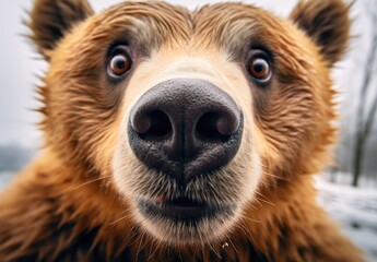 Close-up portrait of a bear in a clearing in the forest. Detailed image of the muzzle. A wild animal is looking at something. Illustration with distorted fisheye effect. Cover design, postcards.