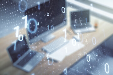 Aufkleber - Double exposure of creative abstract binary code hologram and modern desktop with laptop on background. Database and programming concept