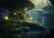 closeup small house forest waterfall stunning fairy houses shape mushrooms arcane league legends candy night asgard