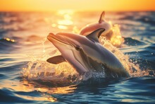 Dolphins Swimming Out Of The Water In The Sea At Sunset