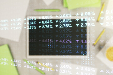 Fototapete - Double exposure of abstract creative statistics data hologram and digital tablet on background, top view, statistics and analytics concept