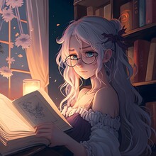 Beautiful Magical White Haired Woman Without Glasses Reading A Book In Her Room In The Evening 4k Anime Style 