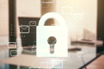 Poster - Creative light lock illustration with postal envelopes on modern computer background, cyber security and email protection concept. Multiexposure