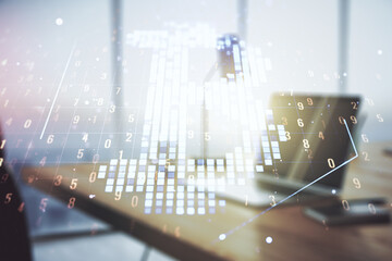 Poster - Creative Bitcoin concept with modern laptop background. Multiexposure