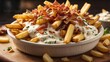 Delicious loaded french fries with crispy bacon and creamy ranch dressing