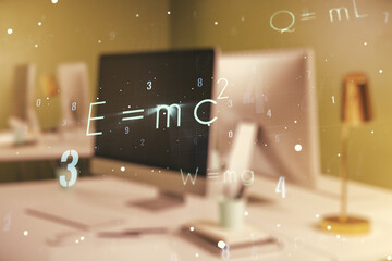 Poster - Double exposure of creative scientific formula concept on laptop background, research and development concept