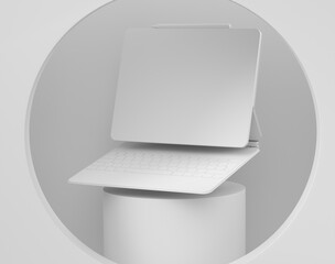 Poster - Abstract scene or podium with computer tablet with keyboard on monochrome