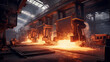 A steel foundry's pouring operation, with molten metal being cast into molds