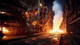 A steel mill with a blast furnace glowing white-hot