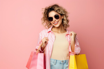 portrait of a fashion woman wearing sunglasses holding colorful shopping bags looking at camera