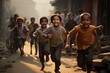 School children happily running towards camera