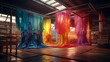 A textile dyeing factory, with colorful fabrics being immersed in vibrant dyes
