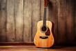 © barmaleeva - Acoustic guitar on old wooden background. Generative AI