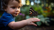 a baby boy captivated by the fluttering wings of a butterfly perched on his tiny outstretched hand, a moment of gentle fascination frozen in time. 