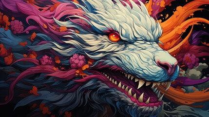 Wall Mural - Fantastical dragon in cartoon style, fantastic character, colorful bright background.ai generative art