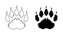 Bear Or Panda Furry Paw Footprint With Claws. Silhouette, Contour. Icon. Black Vector Isolated On White. Grizzly Wild Animal Paw Print Icon, Symbol. Print, Textile, Postcard, Booklet, Pet Store, Zoo