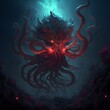 an eldritch abomination with tentacles covered in thorns Deep dark ocean Glowing red eyes Scary and ominous Ominous lighting Octane render 