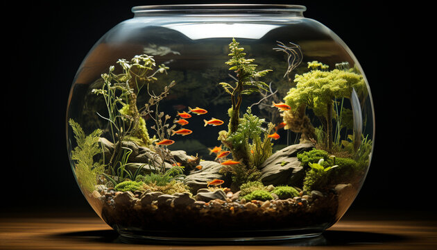 Underwater fish tank with cute goldfish, surrounded by green plants generated by AI