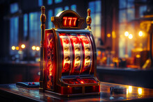 777 Jackpot Excitement: Spinning the Reels of Fortune, A analog slot Machine with neon colored red numbers, generative ai
