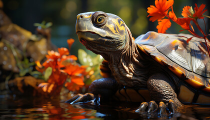 Wall Mural - A cute turtle crawls slowly in the multi colored underwater pond generated by AI