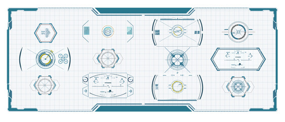 Wall Mural - Callouts titles, loading bars, arrows, holograms VR, icons, bar labels and lines. HUD collection for UI, UX, GUI design. Vector Blue HUD and Sci-fi UI collection elements - Futuristic circle, Frames