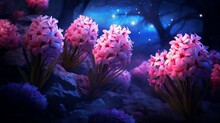 A Cluster Of Neon Hyacinths Emitting A Gentle Glow Under The Soft Illumination Of The Moon.