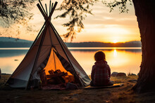 Generative AI Illustration Of Unrecognizable Kid Sitting On Blanket Near Camping Tent While Enjoying Picturesque Sunset During Evening In Nature