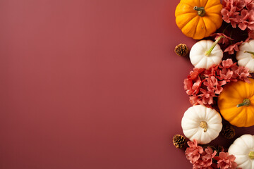 Wall Mural - Happy Thanksgiving day concept. Autumn background with pumpkins, flowers, fall decor on dark red table.