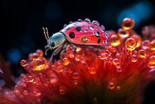 Generative AI Illustration Of Macro Shot Of Dew Drops On Ladybug On Bright Red Flower Against Blurred Background In Rainforest