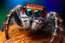 Generative AI Illustration Of Macro Closeup Of Jumping Spider With Bright Eyes And Long Legs Crawling On Surface In Nature