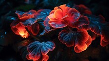 A Neon Begonia Casting A Soft Glow Amidst Dark Leaves, A Luminous Beauty In The Depths Of The Night.