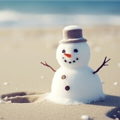 A Charming snowman on the beach in bright sunlight, with the sea or ocean in the background. Merry Christmas time, greeting Card. Winter Getaway by the Sea. Beach Christmas Vacation