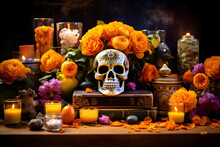 A Day Of The Dead Altar Adorned With Marigolds And Sugar Skulls,  Cultural Celebration.